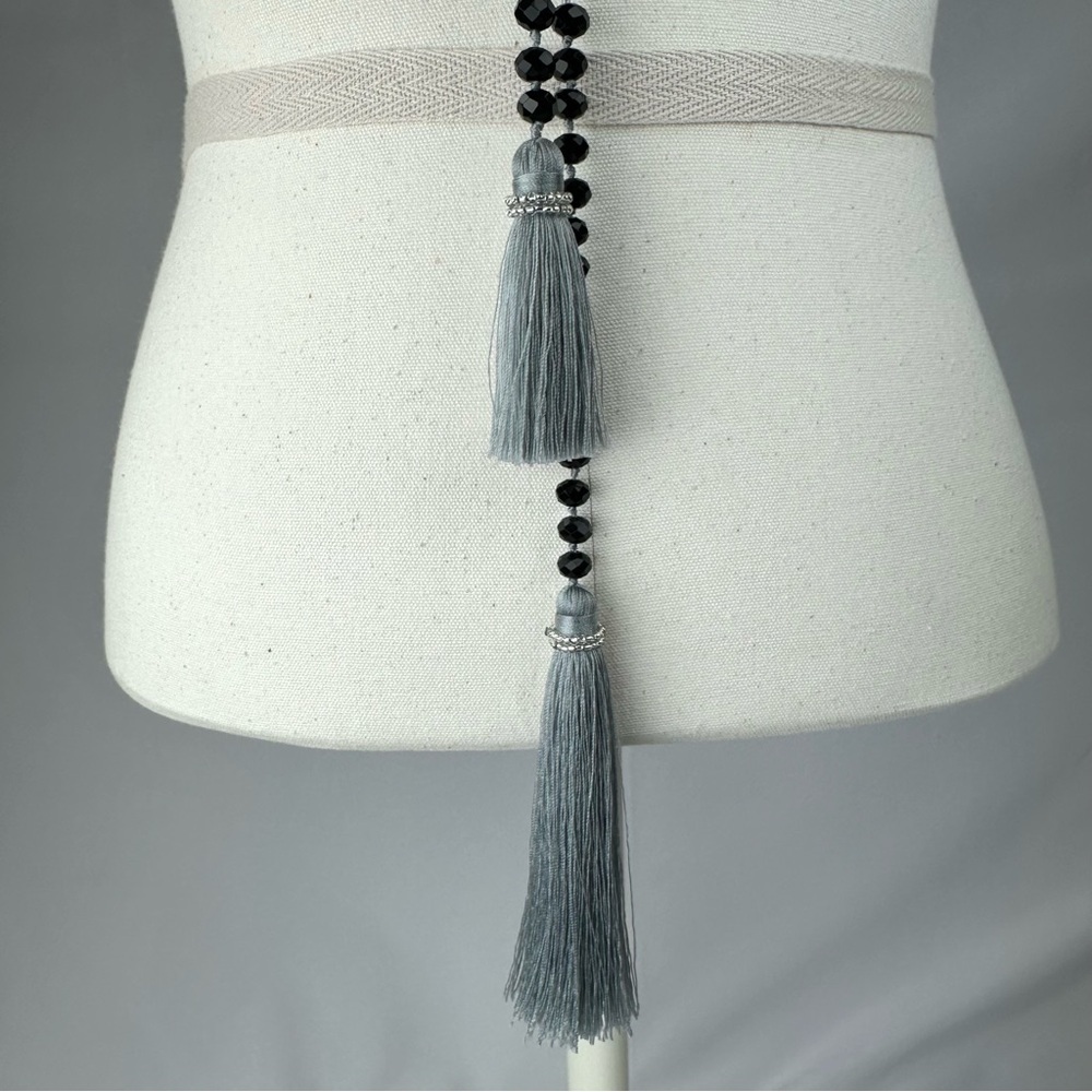 Elegant Opera Rope Necklace, Black and Silver-tone Beads with Gray Tassels. - Picture 2 of 5